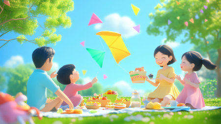 Family is spending time together in a park, having a picnic and playing kiteの素材