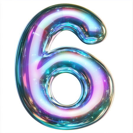 Number six made of shiny holographic material with sparkling particles floating inside, isolated on white backgroundの素材