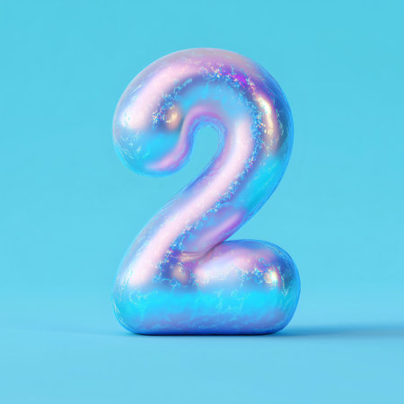 3d rendering of a big number two with iridescent frosted ice texture on a plain light blue backgroundの素材