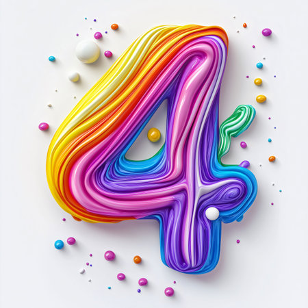 Rainbow colored number 4 with glossy swirls and candy sprinkles on white background, ideal for children projects, birthdays and anniversariesの素材