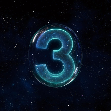 Neon number three glowing inside a bubble against a starry night sky, ideal for fantasy and mystery conceptsの素材