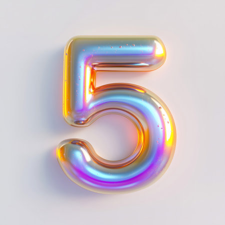 3d rendering of number five made of iridescent soap bubble on white backgroundの素材