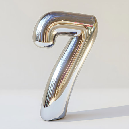 Shiny metallic number seven standing on a white background, reflecting light and creating a luxurious feelの素材