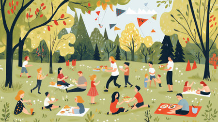 Illustration of families enjoying a summer picnic in the park, with children playing and kites flying overheadの素材