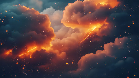 Lightning bolts illuminate dark stormy clouds in a dramatic celestial sky with glowing particlesの素材