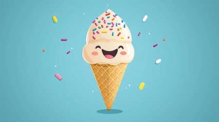 Happy cartoon ice cream cone with sprinkles falling against a blue background represents summer, treats, and happinessの素材