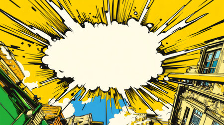 Yellow comic book style background with blank speech bubble, explosion effect and cityscapeの素材