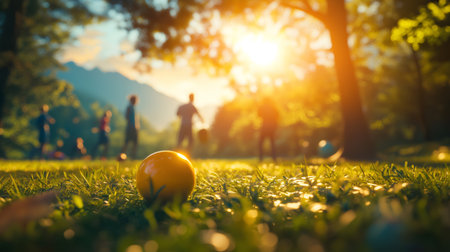 Yellow ball lying on grass in a park with people playing in the background at sunset, with mountains in the distanceの素材