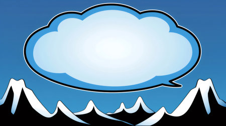 Empty thought bubble floating over mountain range with blue gradient sky background, in comic book styleの素材