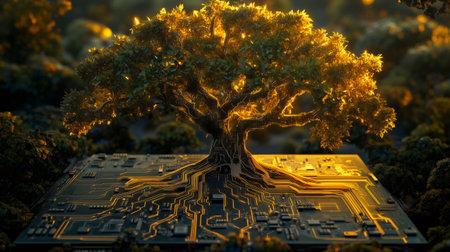Roots of a luminous digital tree growing and merging with a microchip in a surreal concept of nature and technology integrationの素材
