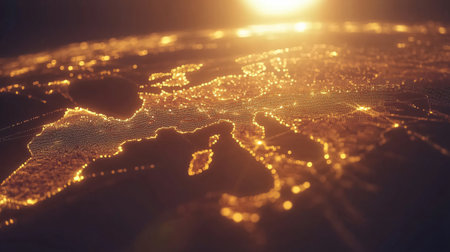 Digital world map is glowing with thousands of illuminated dots and lines, representing connections and data across the globeの素材