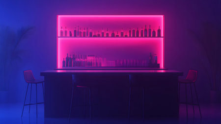 Empty bar counter in a cyberpunk nightclub illuminated with neon pink and blue lightsの素材