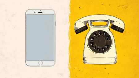 Modern smartphone with a blank screen is juxtaposed with a vintage rotary phone, highlighting the dramatic technological advancements in communicationの素材