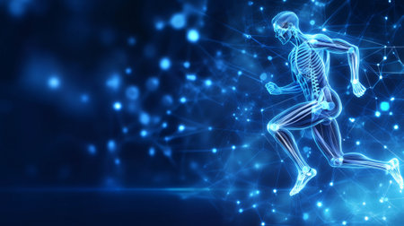 Abstract blue futuristic hologram showing muscular system and skeleton of athlete running, concept of sport and healthcareの素材