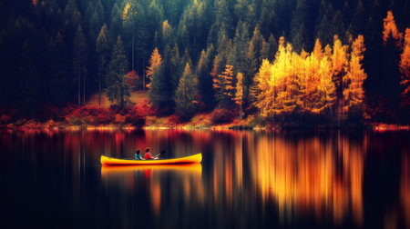 Two people enjoying a peaceful kayak ride on a serene lake reflecting the vibrant colors of the fall foliageの素材