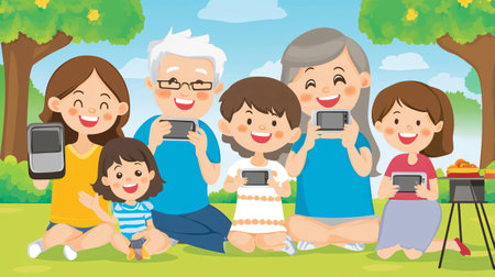 Family looking at their electronic devices while having a picnic in a parkの素材