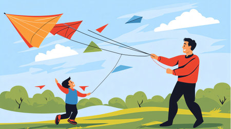 Father and son are enjoying a beautiful day outdoors flying kites togetherの素材