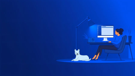 Young woman recording a podcast from home during the night with her dog resting on the floorの素材