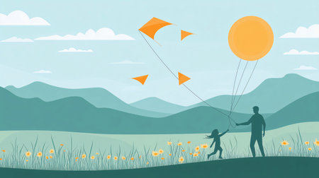 Father and his daughter are enjoying a beautiful sunny day by flying kites in a mountain meadowの素材