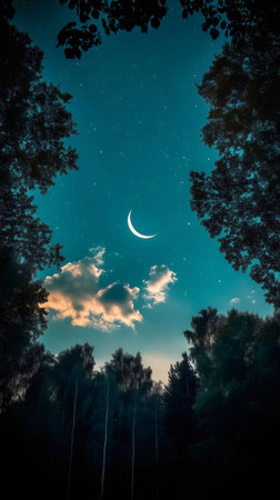 Mystical night landscape with crescent moon, stars, clouds and trees silhouettesの素材