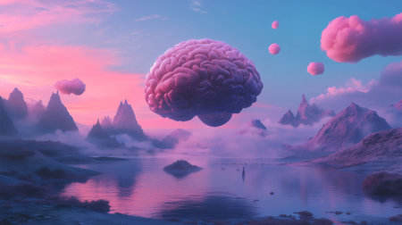 Giant futuristic brain floats above a surreal pink lake and mountain landscape, symbolizing the power of the mind and artificial intelligenceの素材