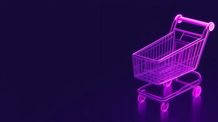 Neon purple shopping cart symbolizing online shopping and e commerce on a dark backgroundの素材