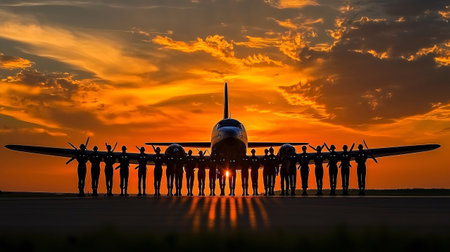 Soldiers saluting with vintage airplane at sunset on an airfieldの素材