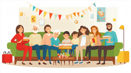 Large family is sitting on a sofa, enjoying a birthday party with cake and decorationsの素材
