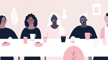 Group of friends enjoying brunch together in a coffee shop, drinking coffee and eating pastriesの素材