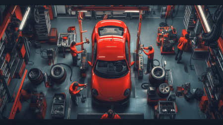 High angle view of mechanics working on a red sports car in a bustling service station, showcasing teamwork and automotive expertiseの素材