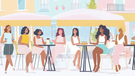 Diverse group of women enjoying coffee and conversation at outdoor cafeの素材