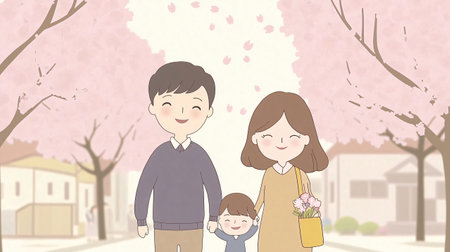 Smiling family is enjoying a walk together under the blooming cherry blossomsの素材