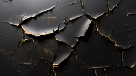 Abstract grunge textured background featuring cracked and peeling black paint, exposing a golden underlayer, creating a distressed and vintage aestheticの素材