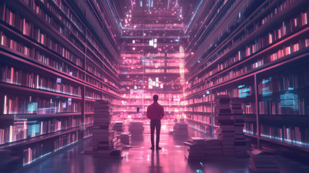 Man standing in futuristic library exploring digital books and informationの素材