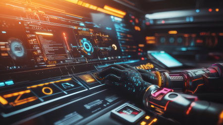 Futuristic robotic arm operating a complex and colorful control panel with head up display, programming and controlling advanced technologyの素材