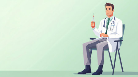 Doctor is sitting on a chair, holding a syringe containing vaccineの素材
