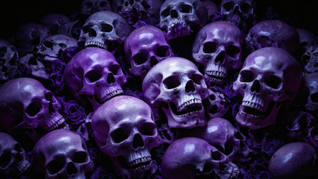 Various purple skulls are arranged closely together, surrounded by dark roses, creating a mysterious and artistic atmosphere. The scene evokes a sense of the macabre and artistic expression.の素材