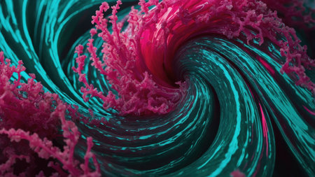 Pink coral branches growing from the center of a teal whirlpool, creating a mesmerizing abstract compositionの素材
