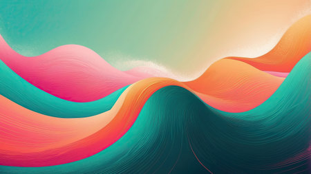 Colorful waves of art blend pink, orange, and teal hues under a soft sunset glow. The design captures a serene atmosphere, inviting tranquility and creativity.の素材
