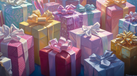 Many colorful birthday gifts wrapped with beautiful ribbons are displayed, creating a festive atmosphereの素材