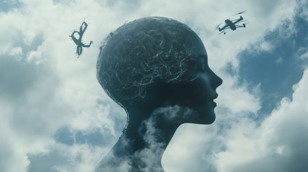 Woman with a visible brain structure controls a drone with a brain implant, showcasing the potential of futuristic military technologyの素材