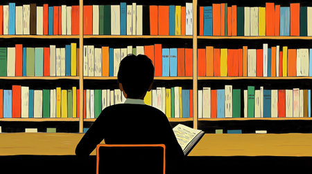 Man is sitting at a desk reading a book with towering bookshelves in the backgroundの素材