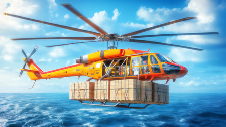 Orange and red heavy lift helicopter carrying cargo over the seaの素材