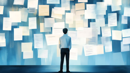 Businessman analyzing many documents attached to a large wallの素材
