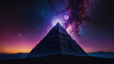 Majestic pyramid rising under a breathtaking nebula and starry night sky, creating a stunning and otherworldly landscapeの素材