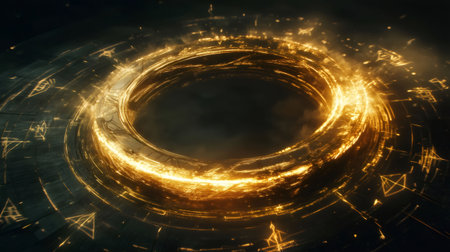 Mysterious golden portal swirling with magical runes on a dark background, perfect for fantasy and sci fi projectsの素材