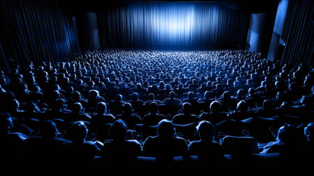 Large group of people watching a bright screen in a crowded movie theaterの素材