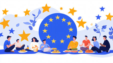 People celebrating europe day enjoying food and drinks under the european union flagの素材