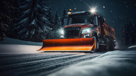 Snowplow truck with bright headlights clearing a snowy road at night in a winter forest during a snowfallの素材