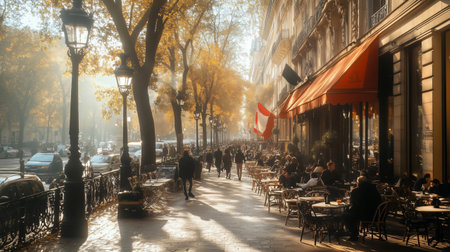 Tourists and locals enjoying a sunny autumn day, walking and sitting in an outdoor cafe in franceの素材